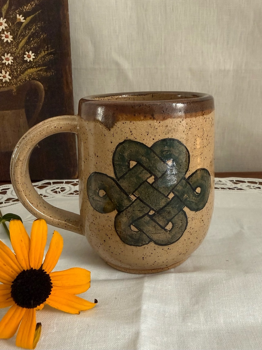 Vintage Signed Studio Pottery Celtic Knot Stoneware Mug Speckled Brown Blue